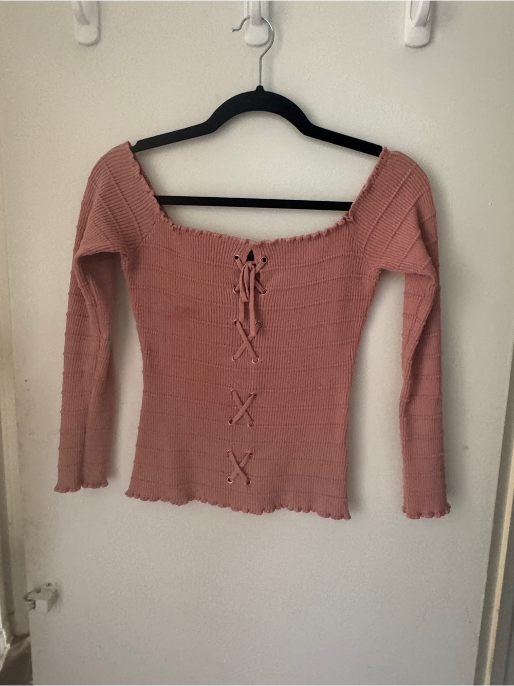 Ribbed Lace-Up Scoop Neck Sweater - Pink